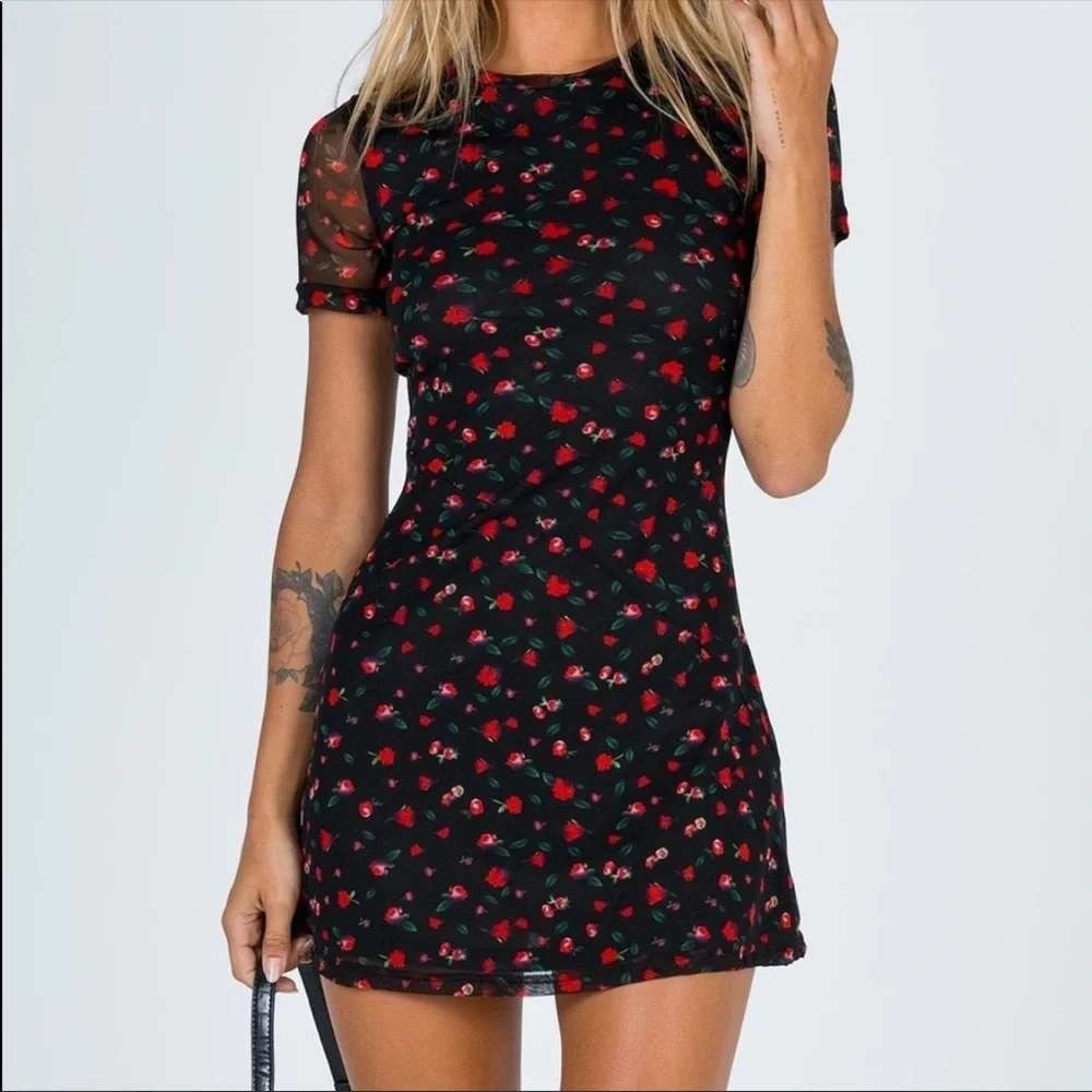 Princess Polly Dione Mesh Short Sleeve Mini Dress Size 10 Black Red Rose Print